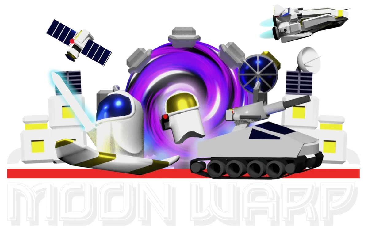 MoonWarp key art: habitat domes, a tank, a spaceman and a wormhole