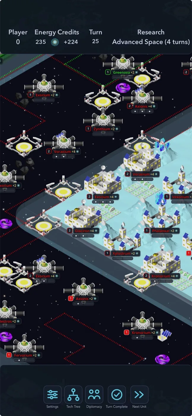 MoonWarp gameplay: an isometric colony with bases, units and the terrain overview